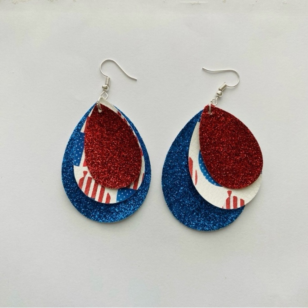 Hand Crafted Patriotic Faux Leather Layered Red Blue Glitter Teardrop Ea… - Picture 2 of 5